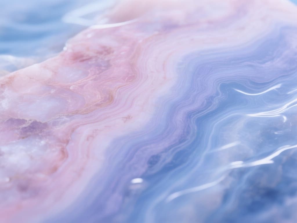 Abstract macro texture of polished veined stone with soft rose pink and cool lavender-blue swirls under diffuse light, n